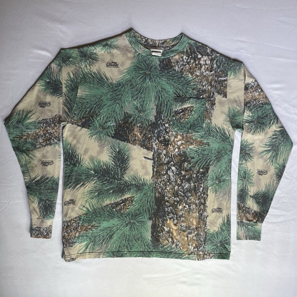 VTG Ridge Ghost Camo Pocket T-Shirt USA Made Mens XL Long Sleeve Hunting Pine